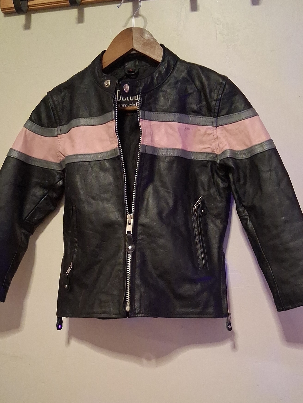 Kids Black and Pink Moto-Style Puffer Jacket 100% Leather